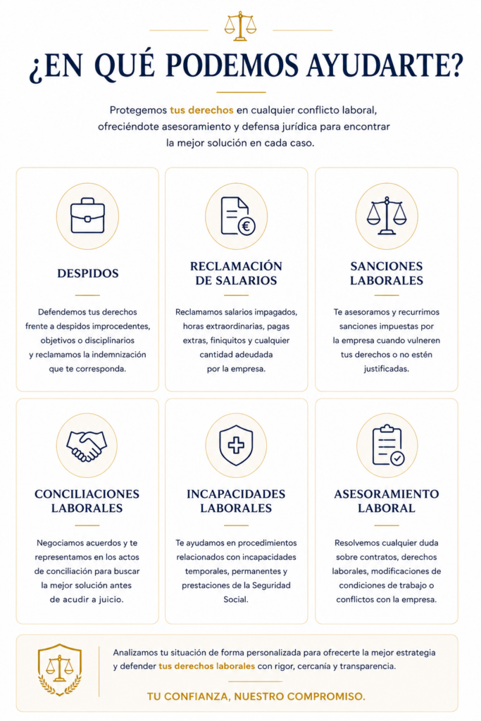 Infografía con los principales servicios de Derecho Laboral que ofrece Balpau Abogados para trabajadores y empresas de Alzira, Algemesí, Carcaixent, Alberic y municipios de la Ribera.